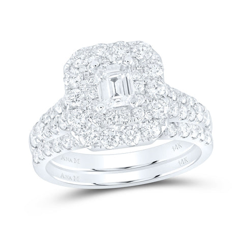 14kt White Gold Emerald Diamond Halo Bridal Wedding Ring Band Set 2 Cttw