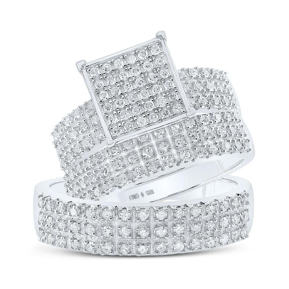 Sterling Silver His Hers Round Diamond Square Matching Wedding Set 7/8 Cttw