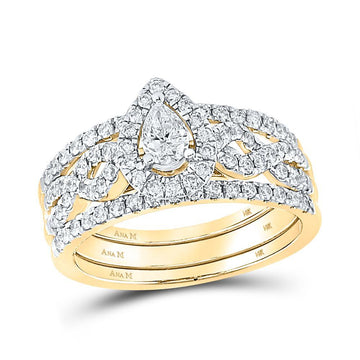 14kt Yellow Gold Pear Diamond 3-Piece Bridal Wedding Ring Band Set 7/8 Cttw
