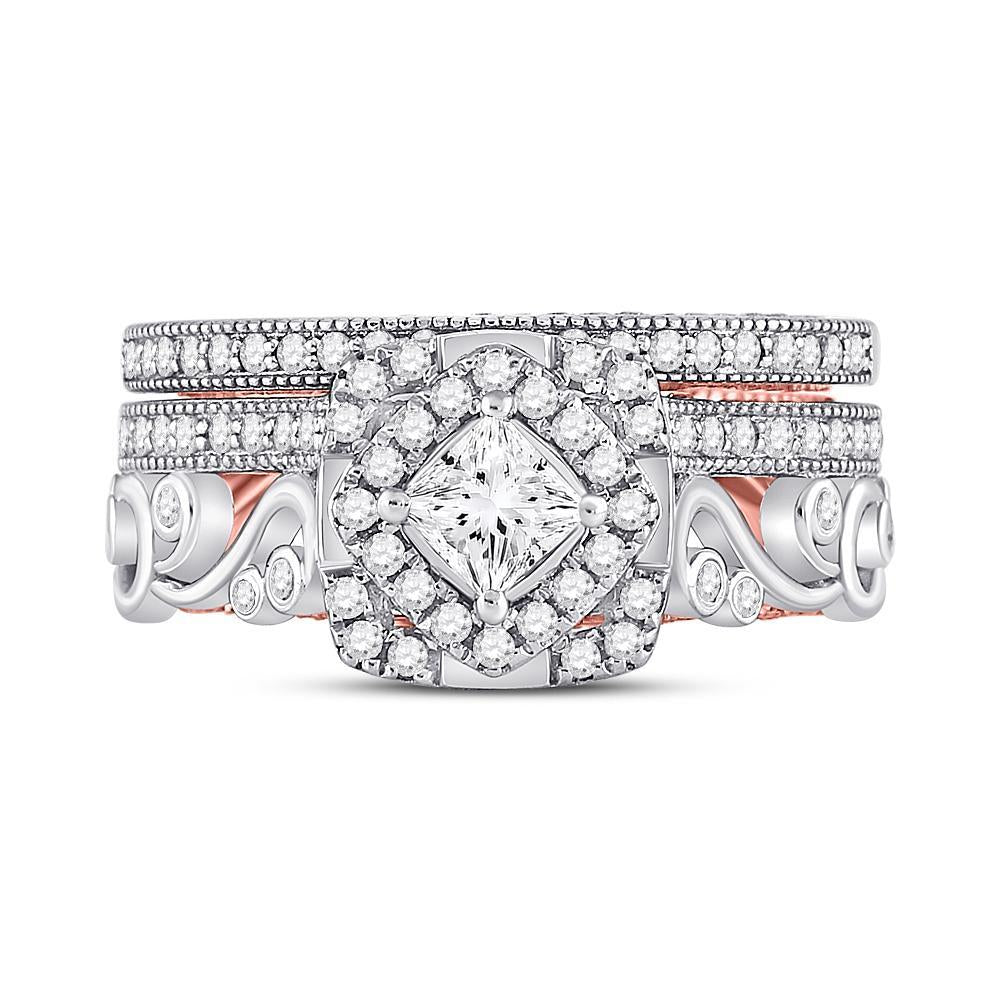 14kt Two-tone Gold Princess Diamond Bridal Wedding Ring Band Set 1-1/3 Cttw