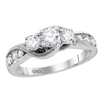 14kt White Gold Round Diamond 3-stone Milgrain Bridal Wedding Engagement Ring 1 Cttw