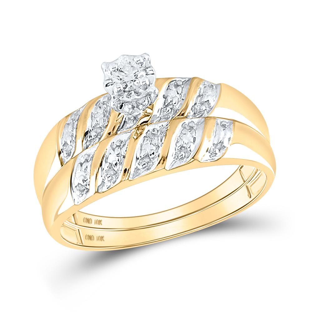 10kt Yellow Gold His Hers Round Diamond Solitaire Matching Wedding Set 1/20 Cttw