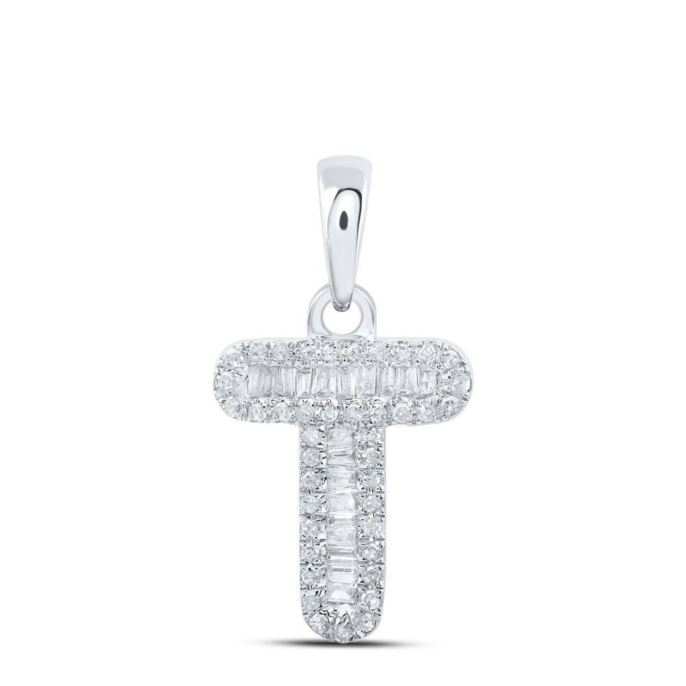 10kt White Gold Womens Baguette Diamond T Initial Letter Pendant 1/4 Cttw