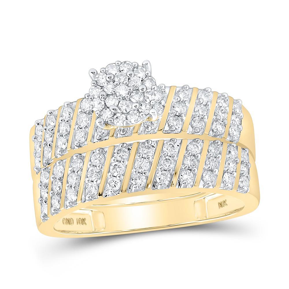 10kt Yellow Gold His Hers Round Diamond Cluster Matching Wedding Set 1-1/4 Cttw