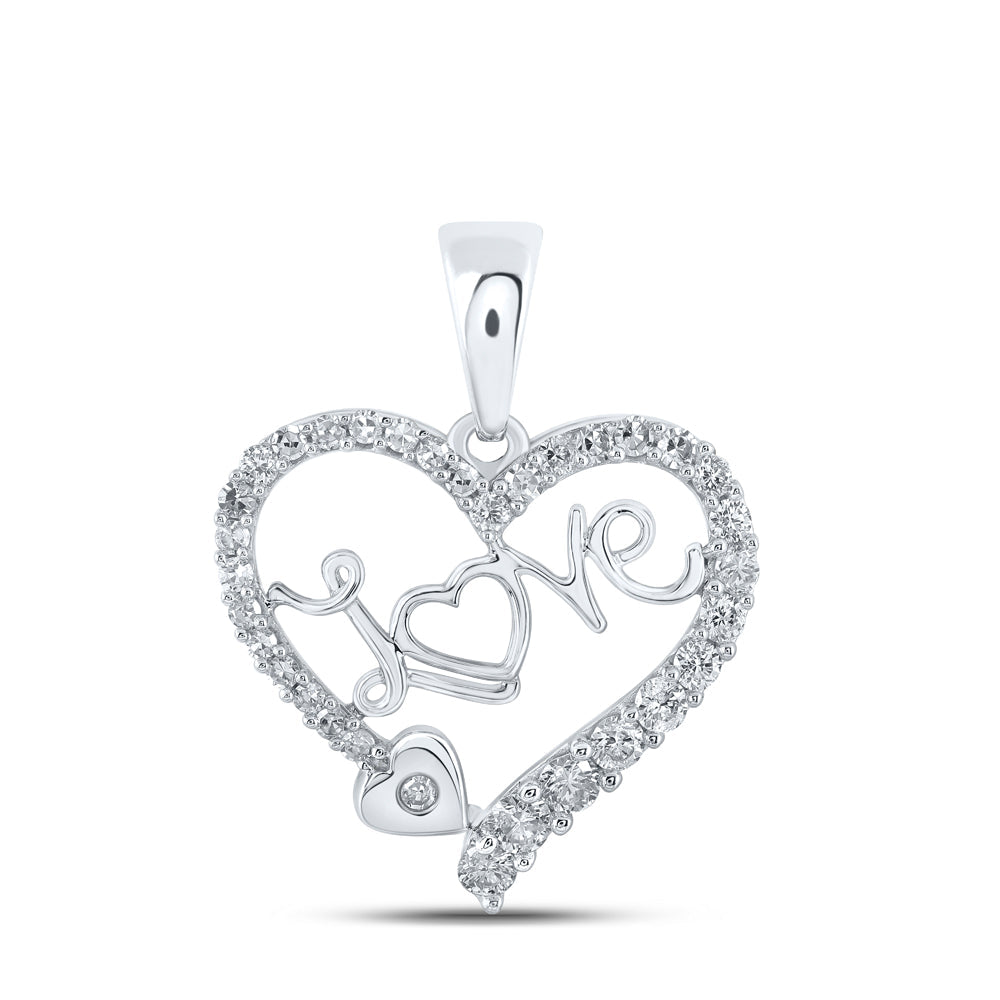 10kt White Gold Womens Round Diamond Love Heart Pendant 1/3 Cttw