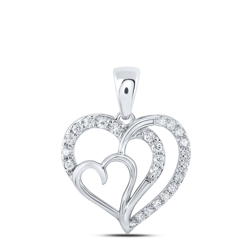 10kt White Gold Womens Round Diamond Heart Pendant 1/3 Cttw