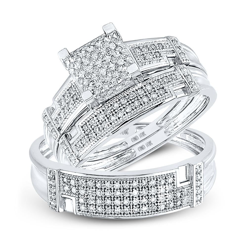 10kt White Gold His Hers Round Diamond Square Matching Wedding Set 1/2 Cttw