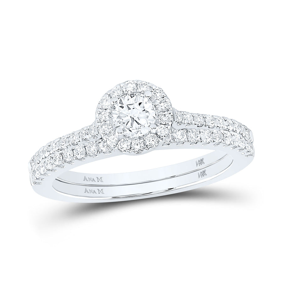 14kt White Gold Round Diamond Halo Bridal Wedding Ring Band Set 7/8 Cttw