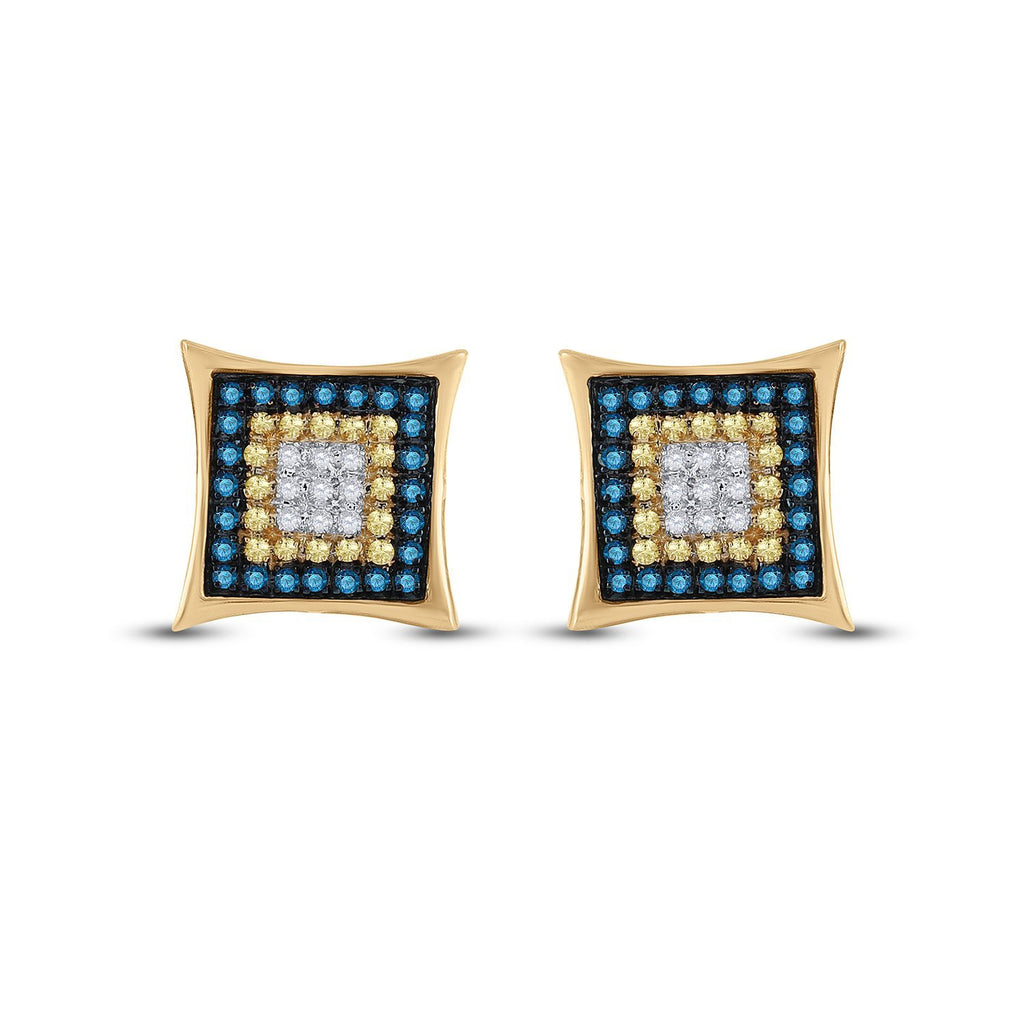 10kt Yellow Gold Mens Yellow Blue Color Enhanced Diamond Square Cluster Earrings 1/3 Cttw