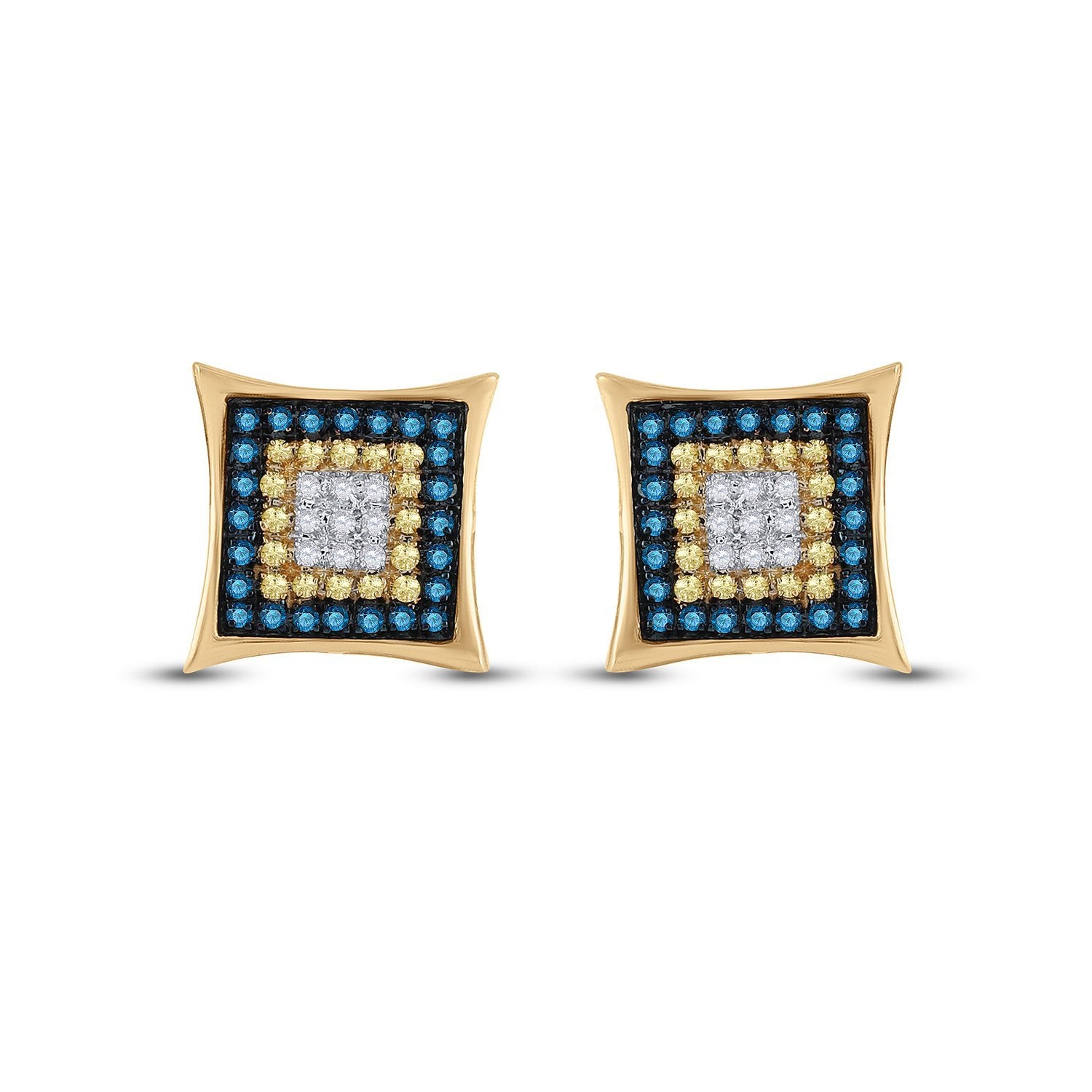 10kt Yellow Gold Mens Yellow Blue Color Enhanced Diamond Square Cluster Earrings 1/3 Cttw