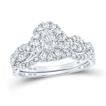10kt White Gold Oval Diamond Halo Bridal Wedding Ring Band Set 1 Cttw