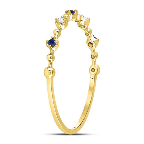 10kt Yellow Gold Womens Round Blue Sapphire Diamond Beaded Stackable Band Ring 1/20 Cttw