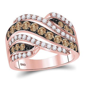 14kt Rose Gold Womens Round Brown Diamond Crossover Band Ring 1-1/2 Cttw