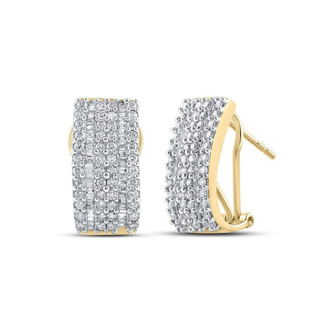 14kt Yellow Gold Womens Round Baguette Diamond Vertical Stripe Hoop Earrings 7/8 Cttw