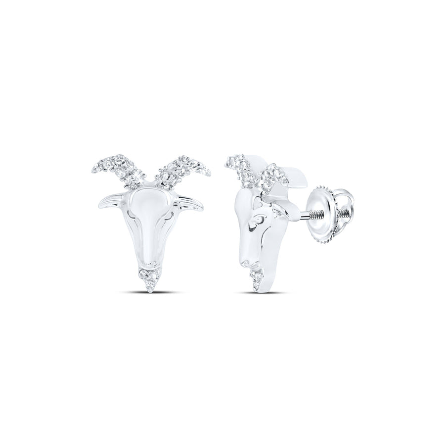 10kt White Gold Round Diamond Zodiac Aries Goat Stud Earrings 1/10 Cttw