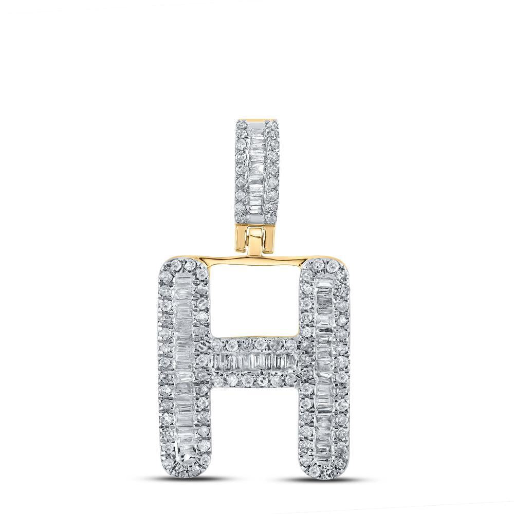 10kt Yellow Gold Mens Baguette Diamond H Initial Letter Pendant 1/2 Cttw