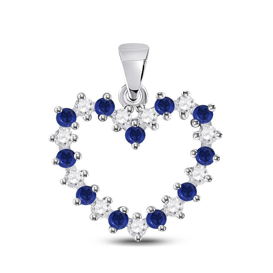 10kt White Gold Womens Round Blue Sapphire Diamond Heart Pendant 1/2 Cttw
