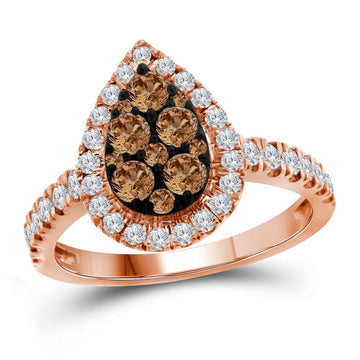 10kt Rose Gold Womens Round Brown Diamond Teardrop Cluster Ring 1 Cttw