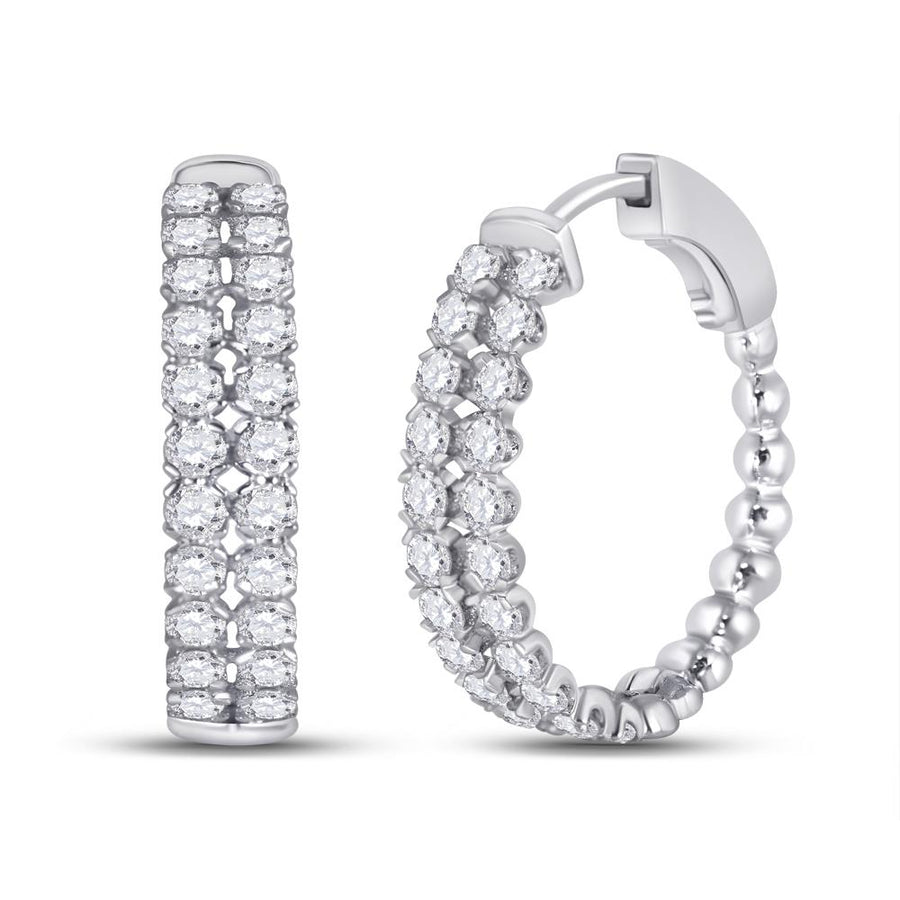 14kt White Gold Womens Round Diamond Double Row Hoop Earrings 2 Cttw