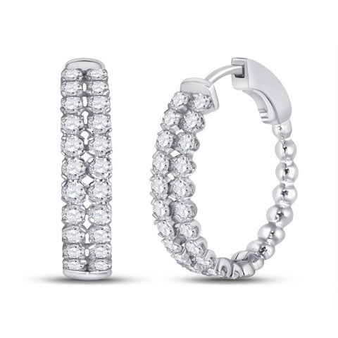 14kt White Gold Womens Round Diamond Double Row Hoop Earrings 2 Cttw