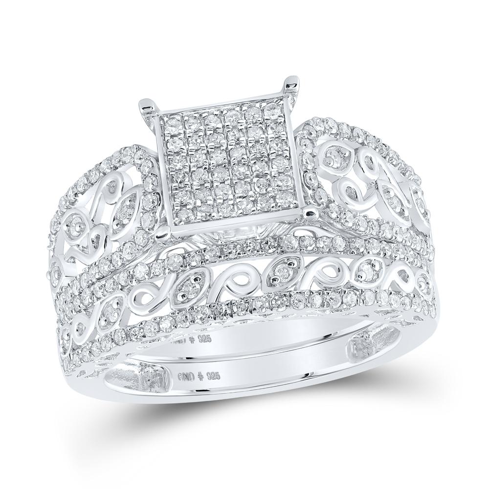 Sterling Silver His Hers Round Diamond Square Matching Wedding Set 1 Cttw