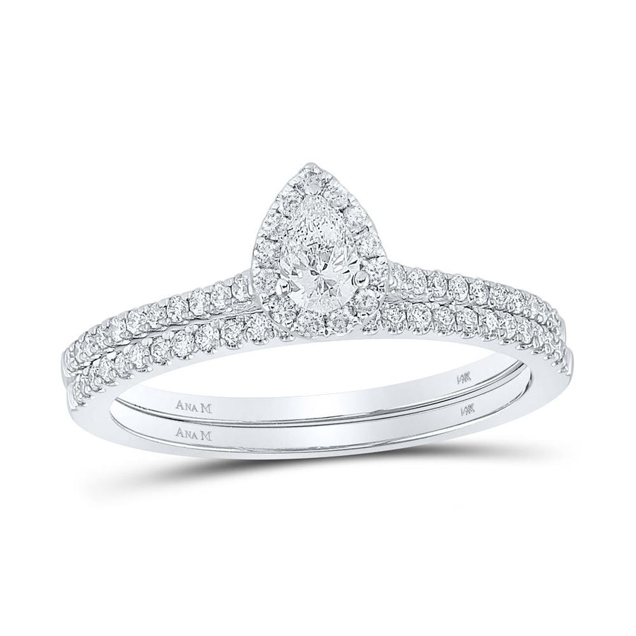 14kt White Gold Pear Diamond Halo Bridal Wedding Ring Band Set 1/2 Cttw