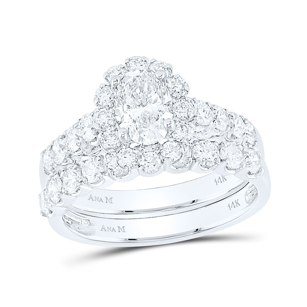 14kt White Gold Oval Diamond Bridal Wedding Ring Band Set 2 Cttw