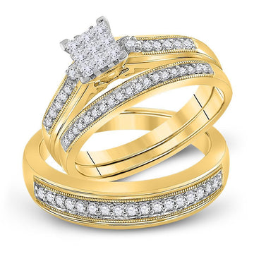10kt Yellow Gold His Hers Princess Diamond Cluster Matching Wedding Set 1/2 Cttw