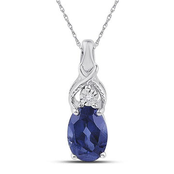 Sterling Silver Womens Oval Synthetic Blue Sapphire Solitaire Diamond Pendant 7/8 Cttw