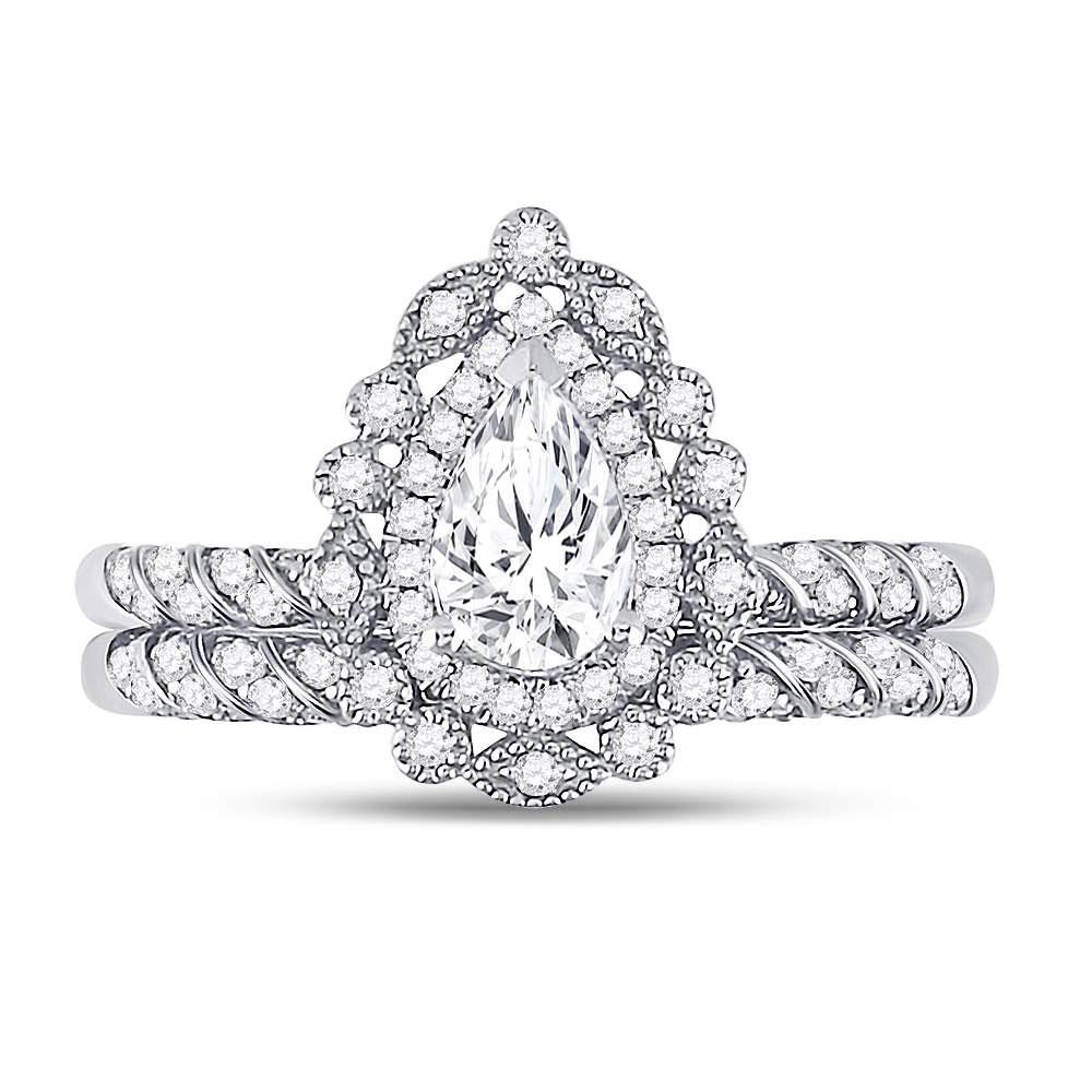 14kt White Gold Pear Diamond Halo Bridal Wedding Ring Band Set 1 Cttw