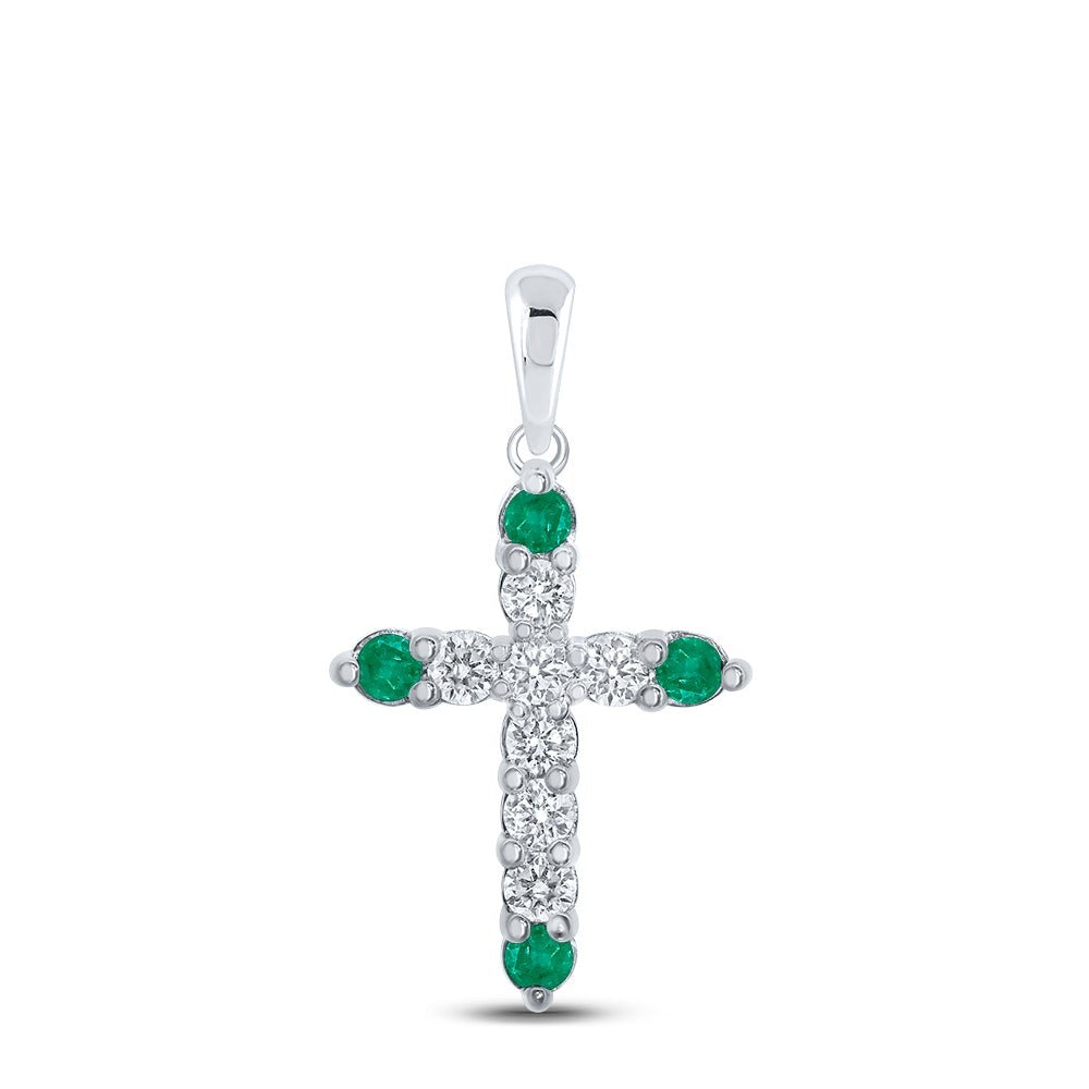 10kt White Gold Womens Round Emerald Diamond Cross Pendant 1/5 Cttw