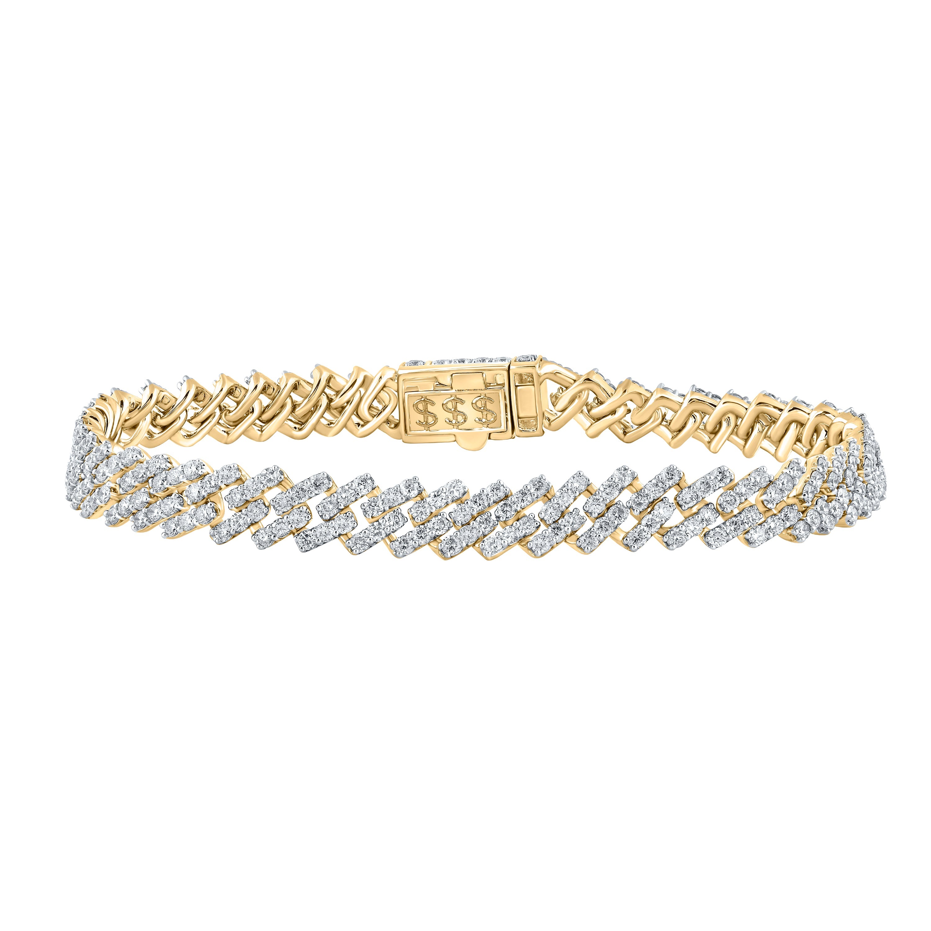 14kt Yellow Gold Mens Round Diamond Straight Cuban Link Bracelet 7-5/8 Cttw