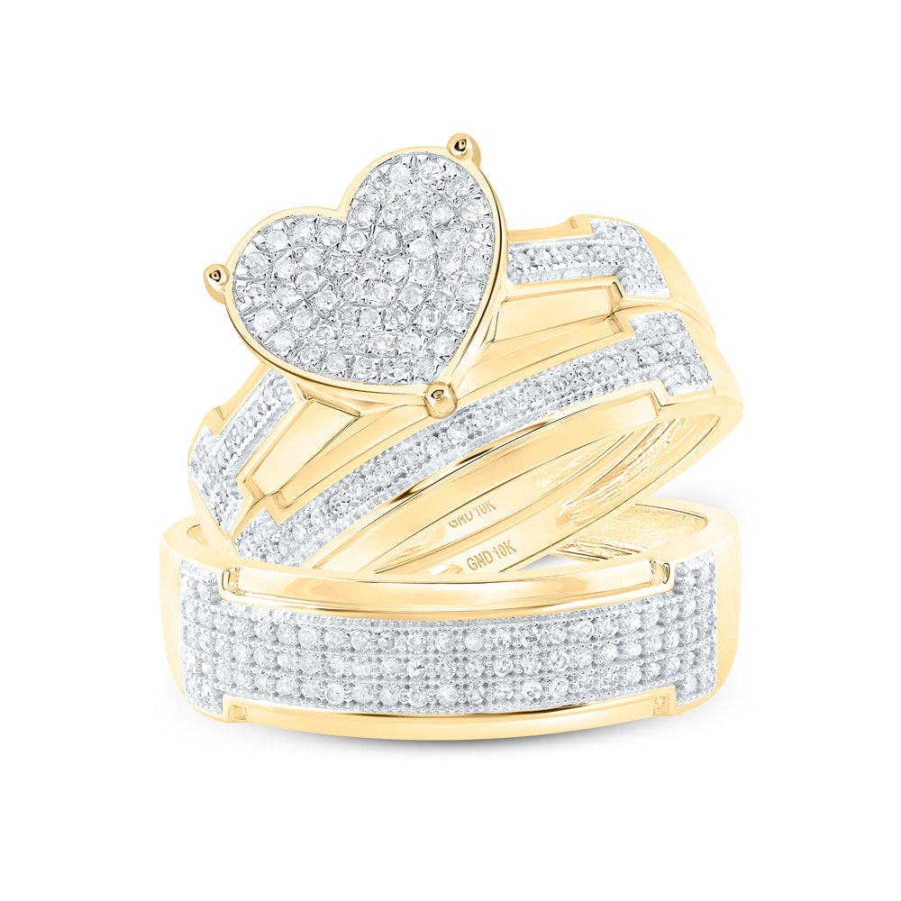 10kt Yellow Gold His Hers Round Diamond Heart Matching Wedding Set 1/2 Cttw