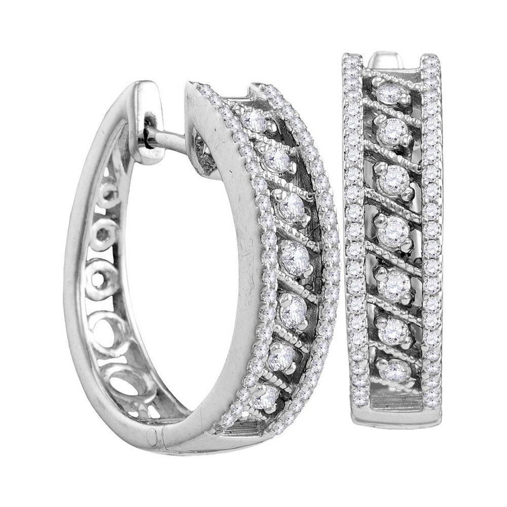 10kt White Gold Womens Round Diamond Hoop Earrings 1/2 Cttw