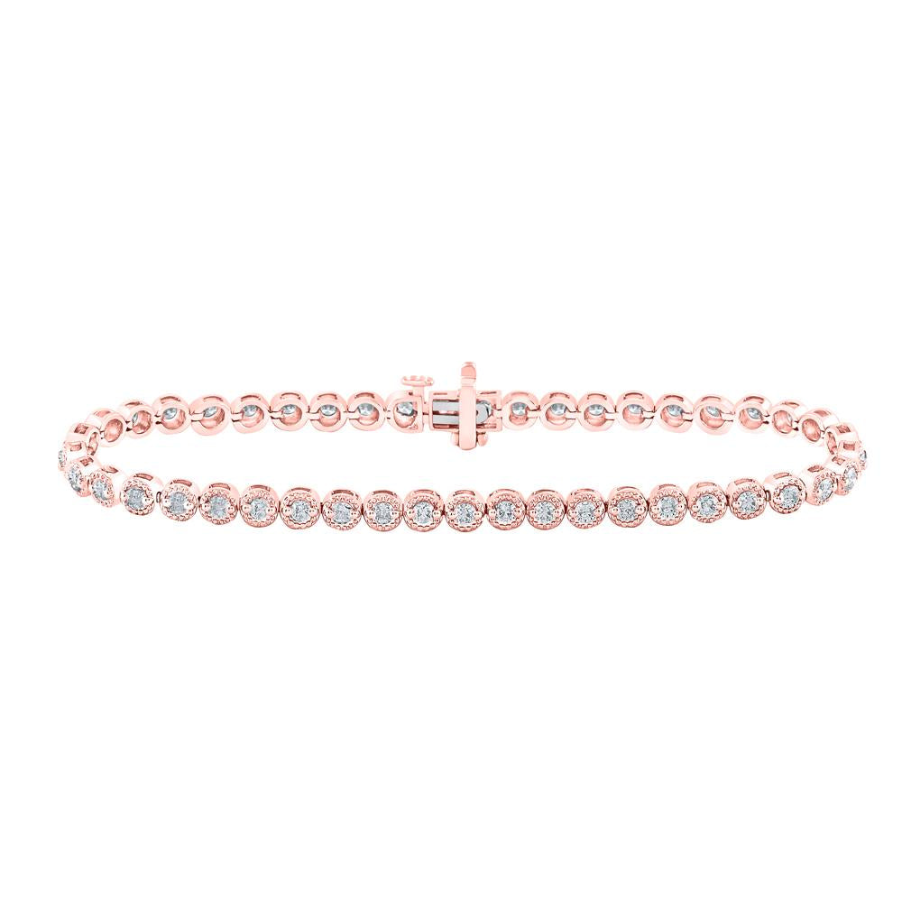 14kt Rose Gold Womens Round Diamond Milgrain Tennis Bracelet 2 Cttw