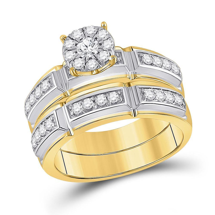 10kt Yellow Gold His Hers Round Diamond Halo Matching Wedding Set 3/4 Cttw