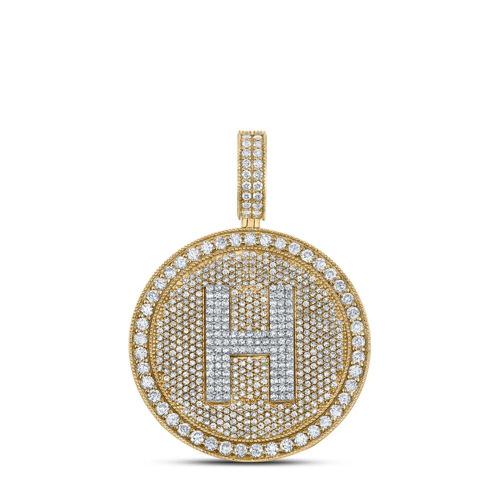 10kt Two-tone Gold Mens Round Diamond Letter H Circle Charm Pendant 3-3/4 Cttw