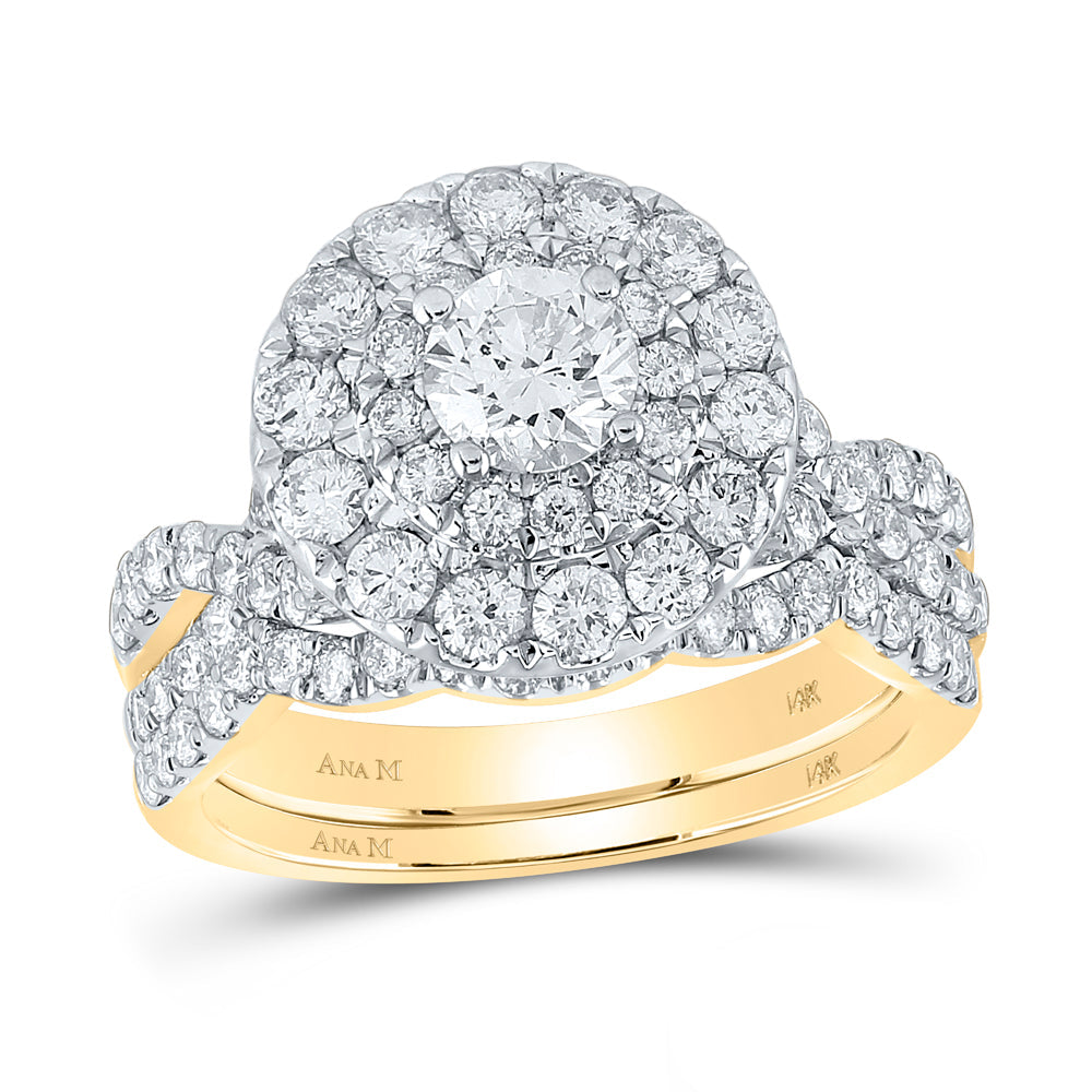 14kt Yellow Gold Round Diamond Halo Bridal Wedding Ring Band Set 2 Cttw