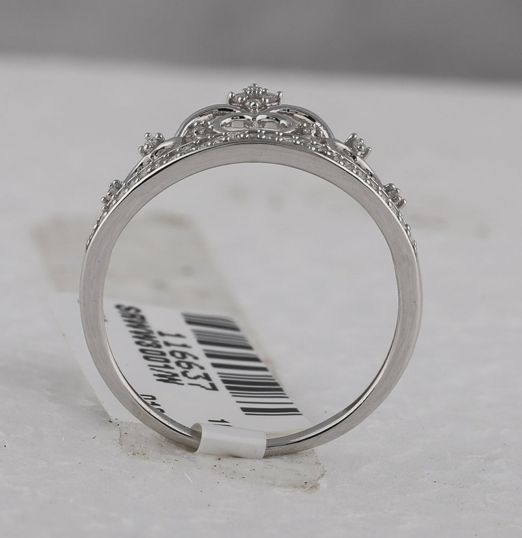 Sterling Silver Womens Round Diamond Heart Crown Tiara Fashion Ring 1/6 Cttw