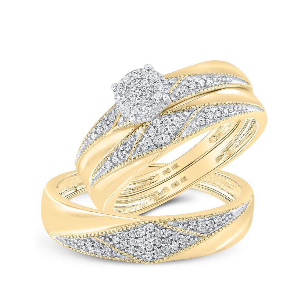 10kt Yellow Gold His Hers Round Diamond Cluster Matching Wedding Set 1/4 Cttw