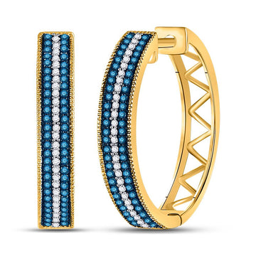 10kt Yellow Gold Womens Round Blue Color Enhanced Diamond Hoop Earrings 1/2 Cttw