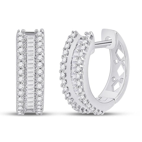 10kt White Gold Womens Round Baguette Diamond Hoop Earrings 1/2 Cttw