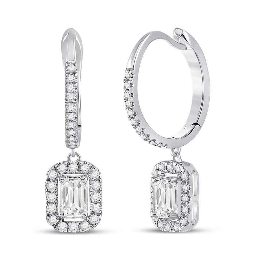 14kt White Gold Womens Emerald Diamond Hoop Dangle Earrings 1 Cttw