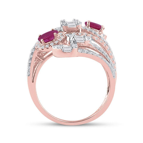 14kt Rose Gold Womens Oval Ruby Diamond Spiral Cocktail Ring 1-3/4 Cttw