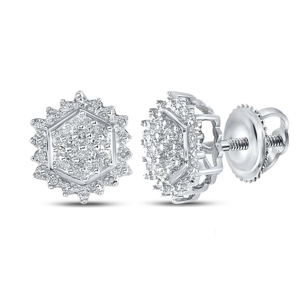 Sterling Silver Womens Round Diamond Hexagon Cluster Earrings 1/10 Cttw
