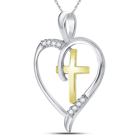 Sterling Silver Womens Round Diamond Cross Heart Pendant 1/20 Cttw