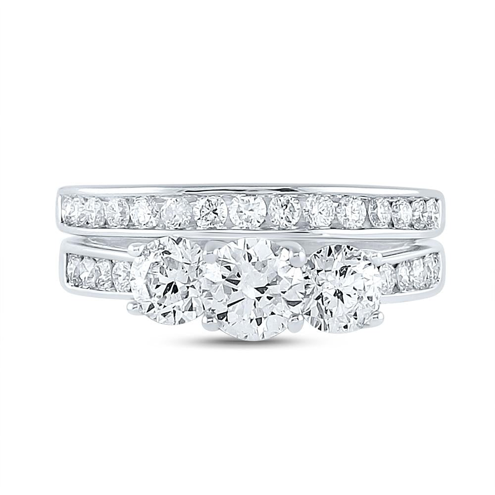14kt White Gold Round 3-Stone Diamond Bridal Wedding Ring Band Set 2 Cttw