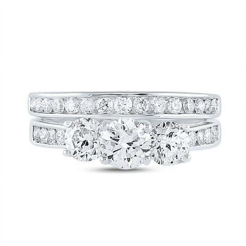 14kt White Gold Round 3-Stone Diamond Bridal Wedding Ring Band Set 2 Cttw