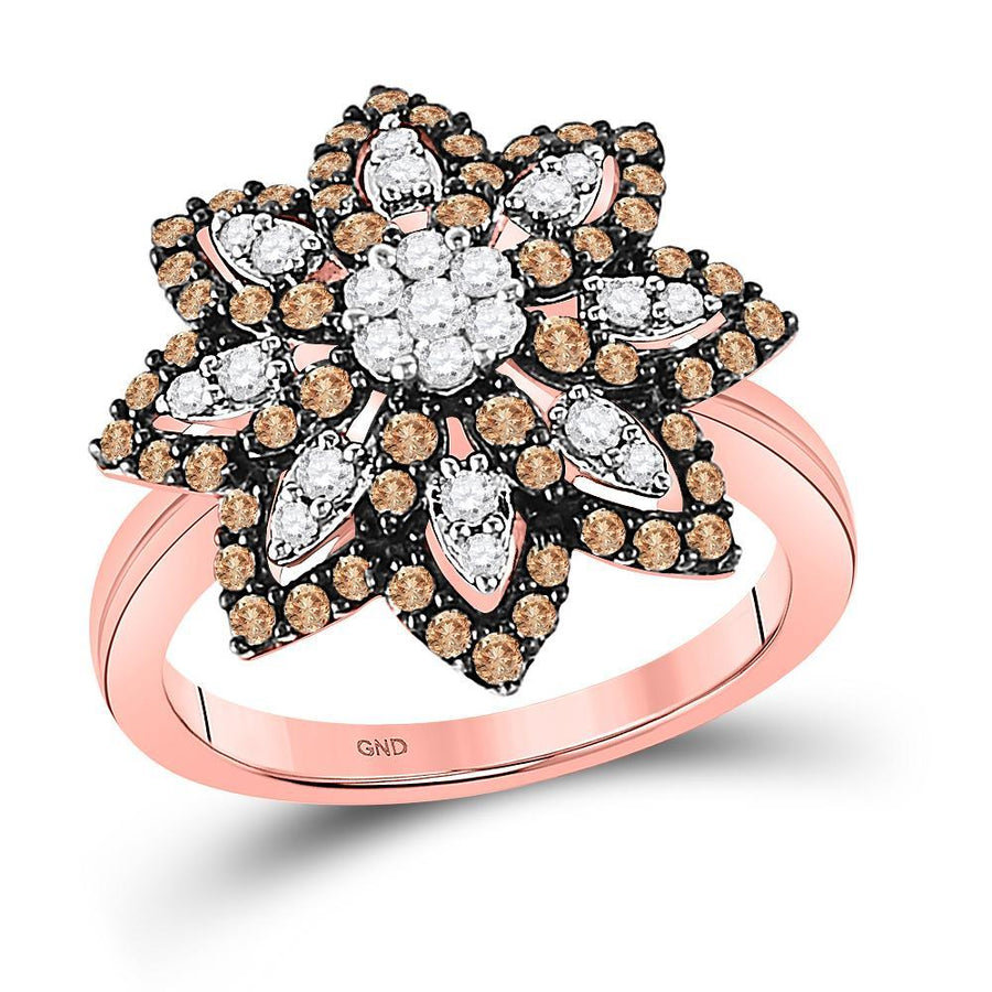 10kt Rose Gold Womens Round Brown Diamond Flower Cluster Ring 1 Cttw