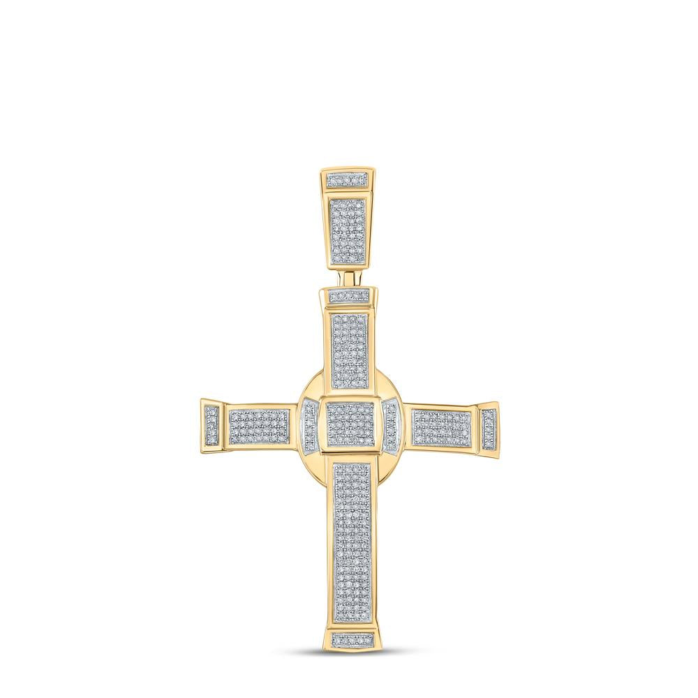 10kt Yellow Gold Mens Round Diamond Cross Charm Pendant 7/8 Cttw